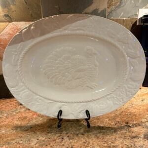 Vintage Ceramic Classics Thanksgiving Turkey Oval  Platter 19” White Embossed